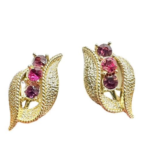 Set Coro Necklace Earrings With Multi-shade Purple Fuchsia Rhinestone Gold Tone - Picture 4 of 16